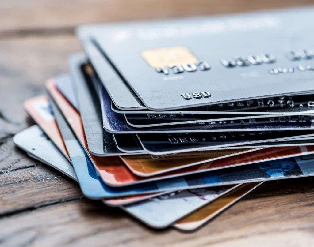 Stack of credit cards on a table