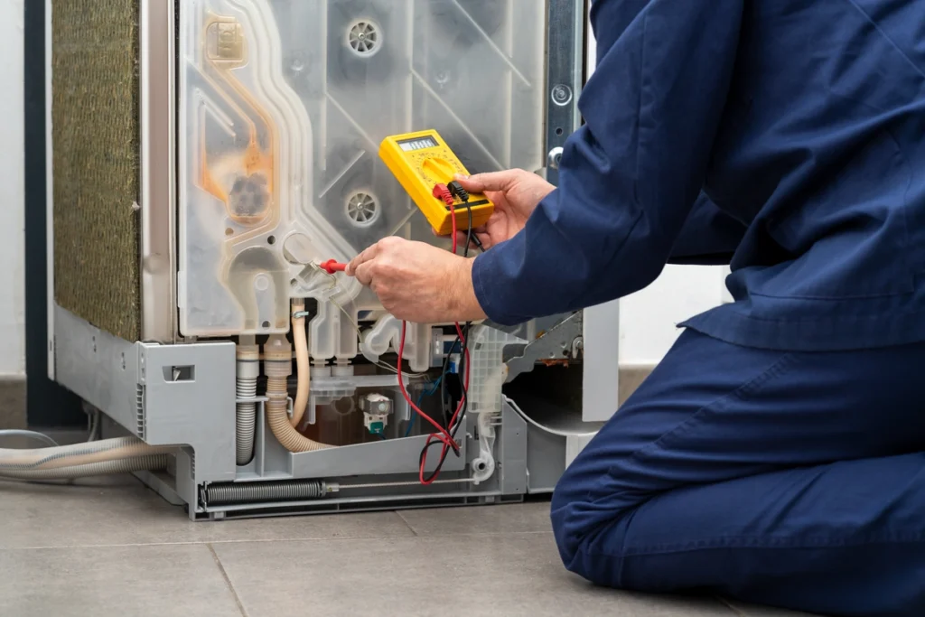 dishwasher being serviced by a dishwasher repair tech