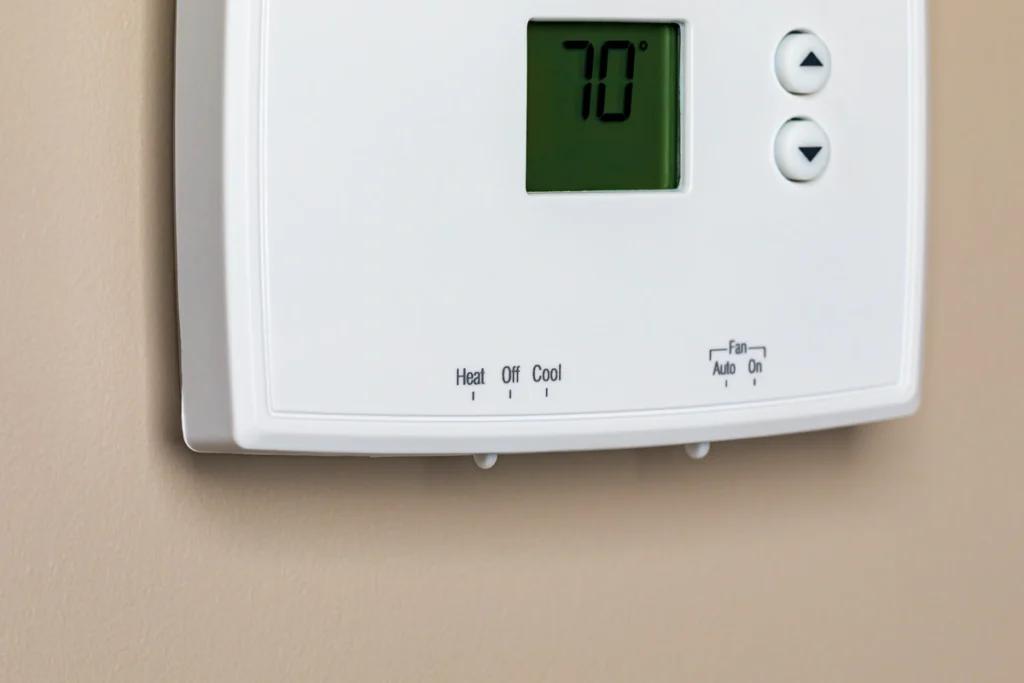forced air heating-forced air thermostat on a wall