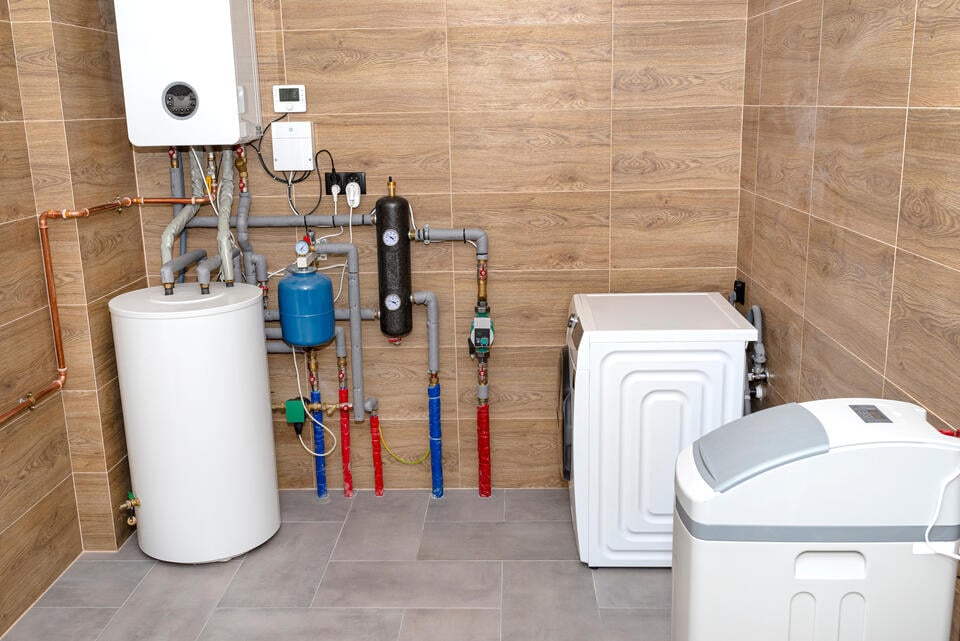 water softener parts-utility room with water heater, washing machine, and water softener