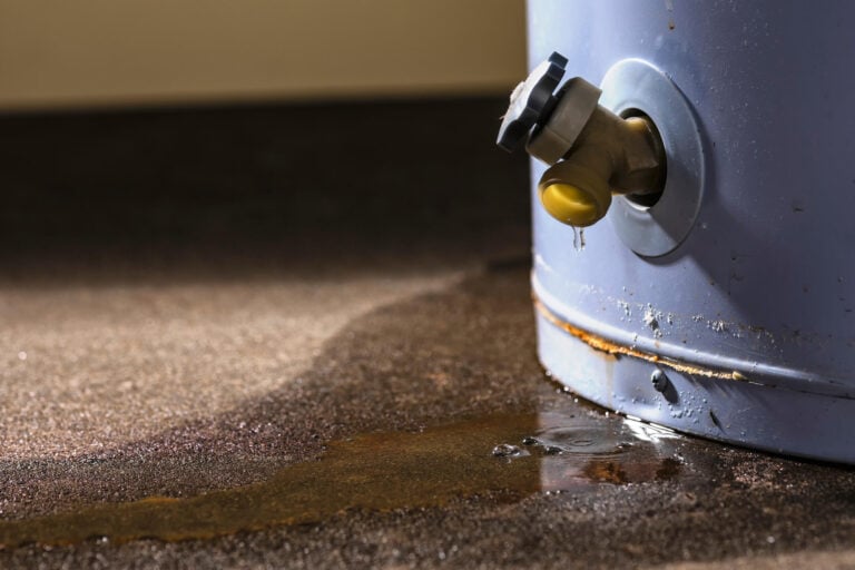 hot water heater leaking-close up of water heater tank leaking