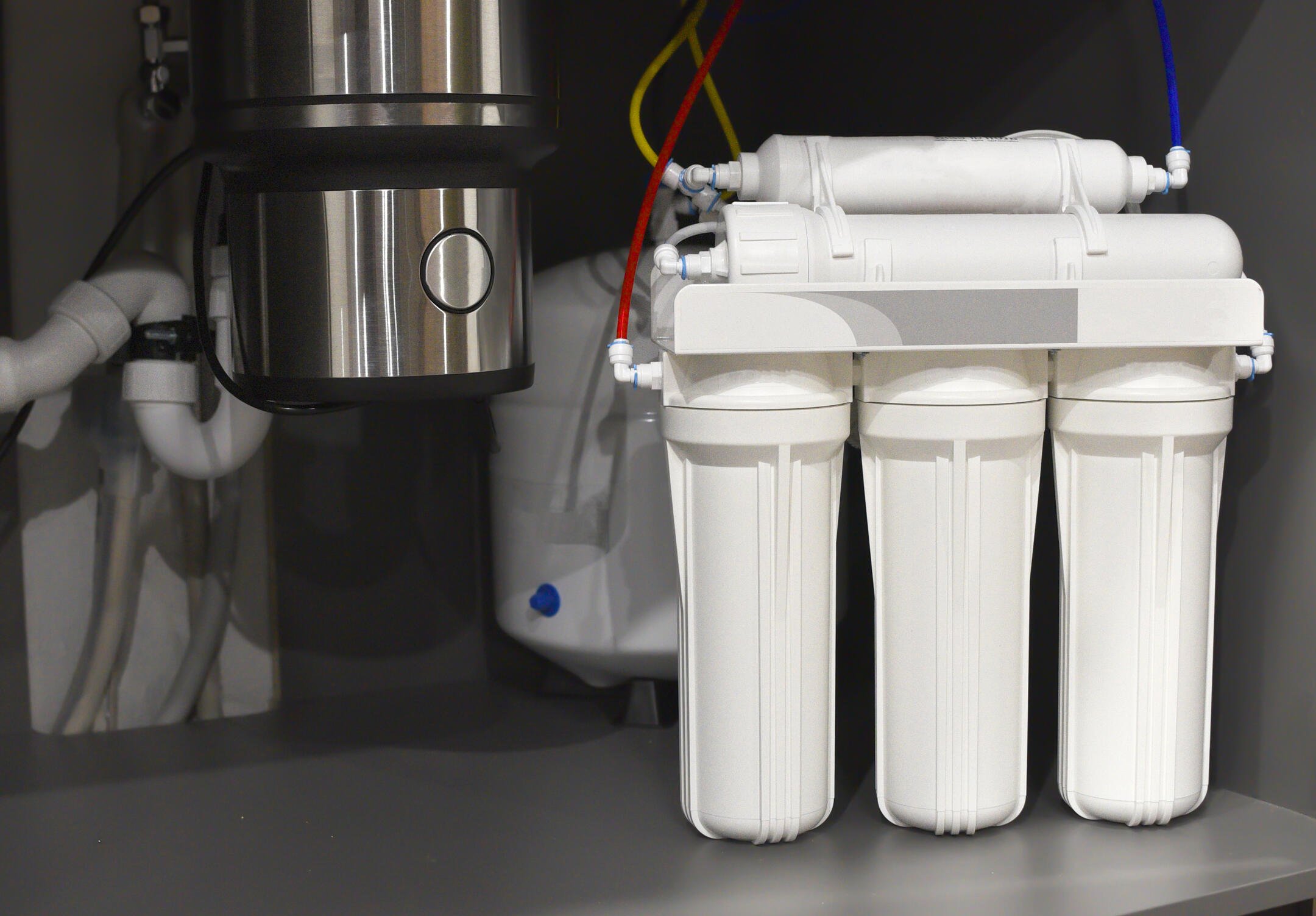 whole house water filter-close up of under sink water filtration system